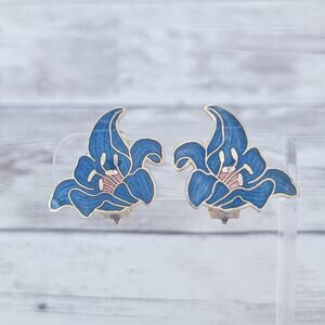 Vintage Clip On Earrings Large Statement Blue Flower